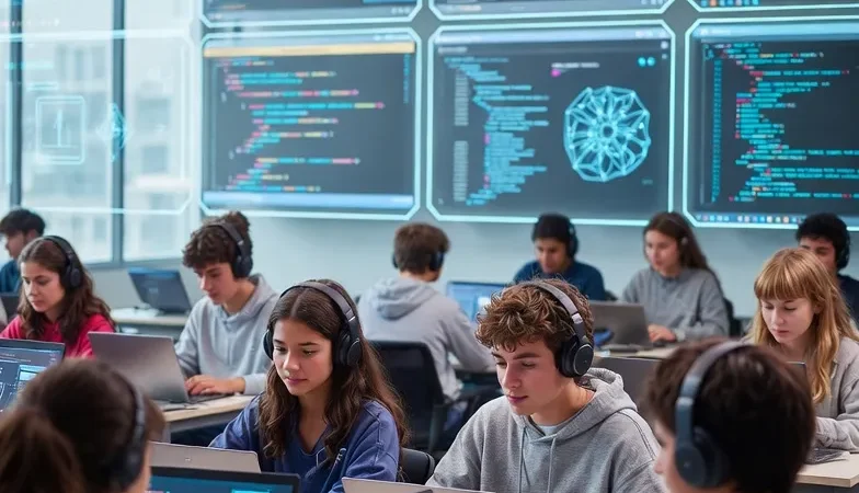 Students learning artificial intelligence and coding inside a modern classroom in Argentina.