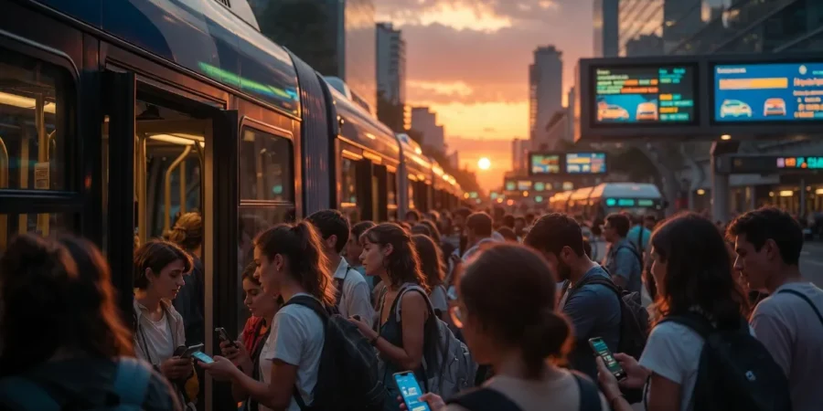 Young commuters in Buenos Aires using AI-powered transport apps while boarding modern public buses during sunset
