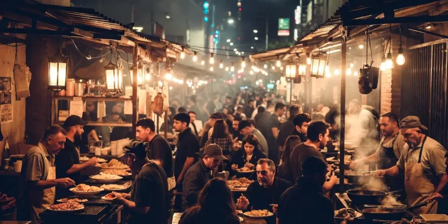 Busy modern street food market in Argentina with people enjoying local dishes at night