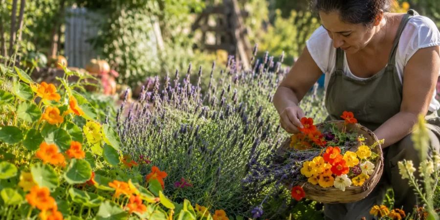 Beautiful edible flower garden in Argentina with colorful flowers used for cooking and decoration