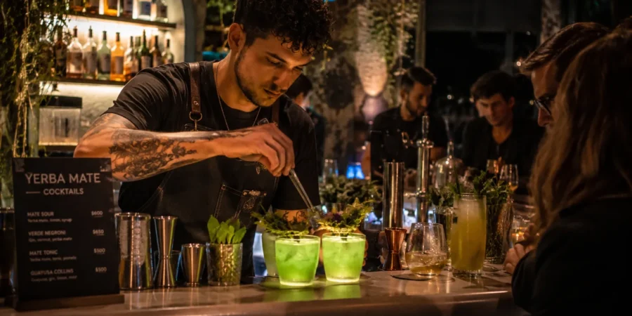 Stylish Argentine cocktail bar serving modern yerba mate inspired drinks at night
