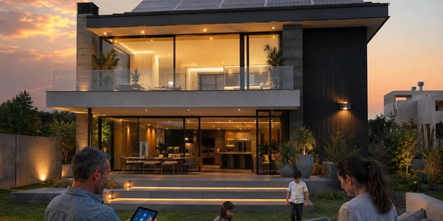 Modern solar-powered smart home in Argentina with automated lighting and rooftop solar panels