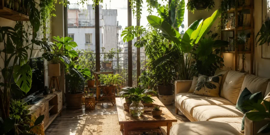 Stylish Argentine apartment filled with tropical indoor plants and natural sunlight