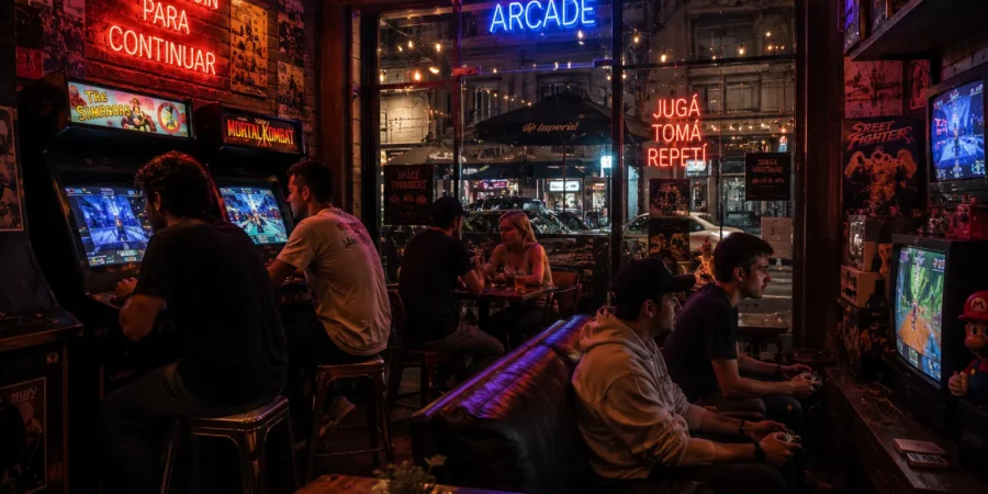 Young people playing retro arcade games inside a modern café in Buenos Aires