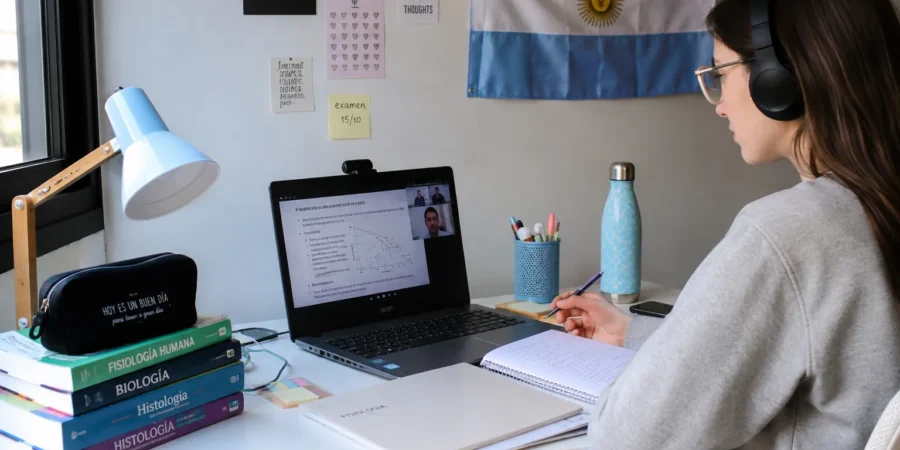 University student attending online classes from home in Argentina using a laptop.