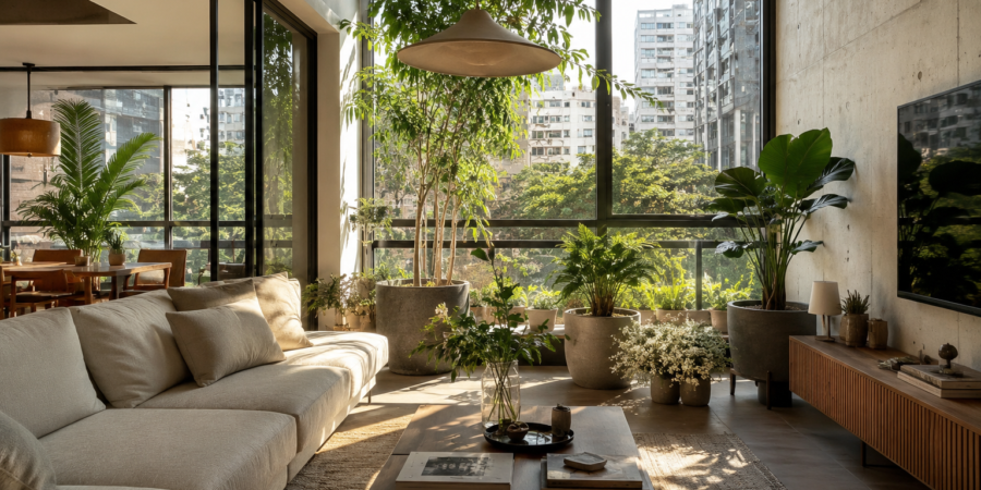 Modern wellness-focused apartment interior in Argentina with natural lighting and indoor greenery