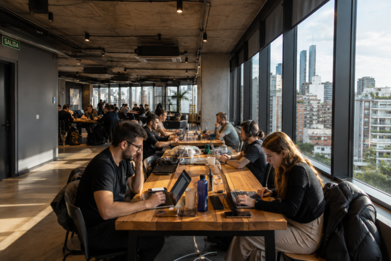 Remote workers using laptops inside modern coworking space in Buenos Aires