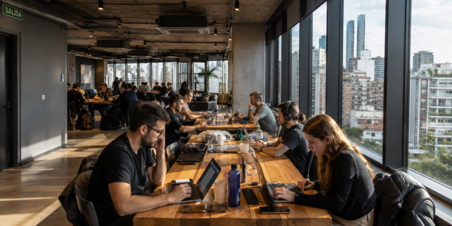 Remote workers using laptops inside modern coworking space in Buenos Aires