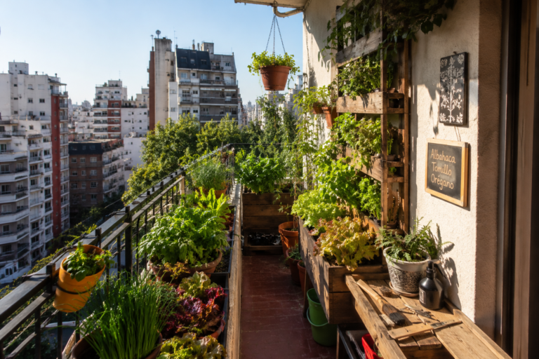 Urban balcony garden in Argentina growing vegetables and herbs in small apartment space