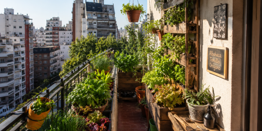 Urban balcony garden in Argentina growing vegetables and herbs in small apartment space