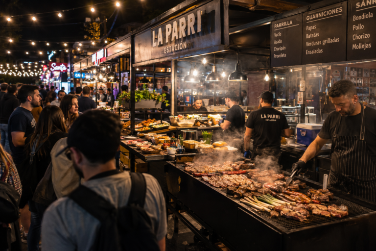 Busy modern street food market in Buenos Aires with diverse gourmet food stalls
