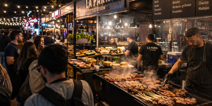 Busy modern street food market in Buenos Aires with diverse gourmet food stalls