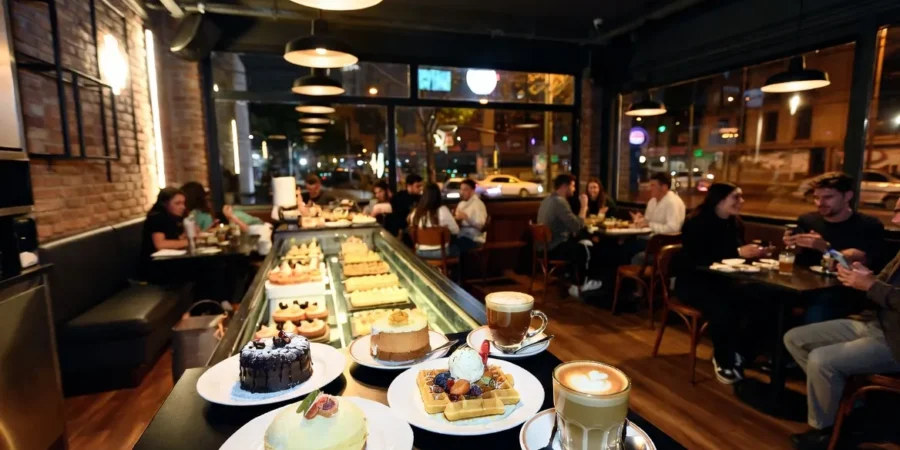 Trendy midnight dessert café in Buenos Aires filled with young people enjoying sweets at night
