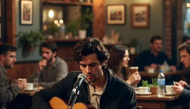 Live acoustic music performance inside a cozy cafe in Buenos Aires, Argentina.