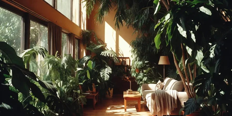 Modern Argentine apartment transformed into lush indoor jungle filled with tropical plants