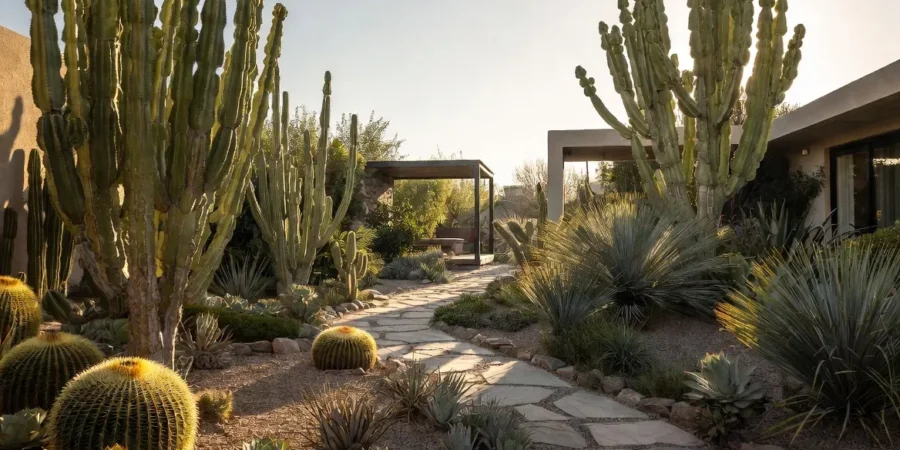 Modern Argentine backyard with desert-inspired landscaping, cacti and natural stone design