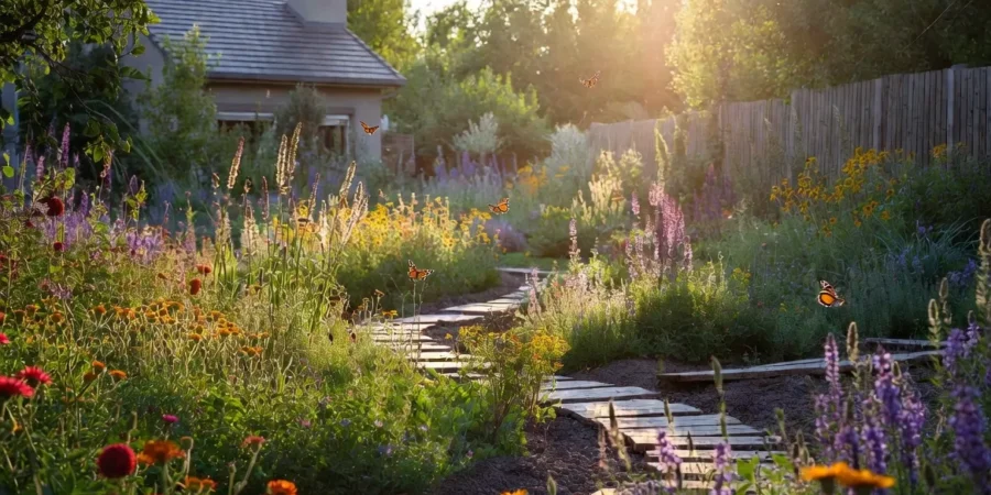 Beautiful native wildflower garden in an Argentine backyard with colorful flowers and natural landscaping
