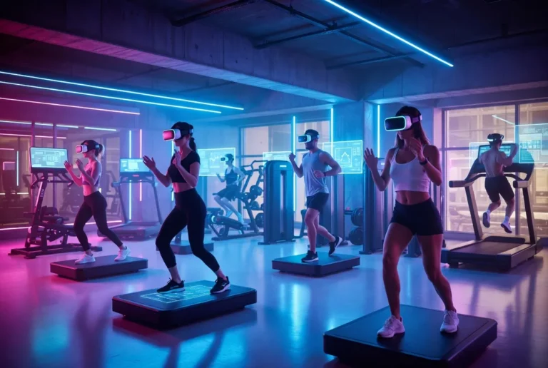 Young people exercising inside a futuristic virtual reality fitness studio in Buenos Aires