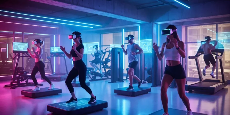 Young people exercising inside a futuristic virtual reality fitness studio in Buenos Aires