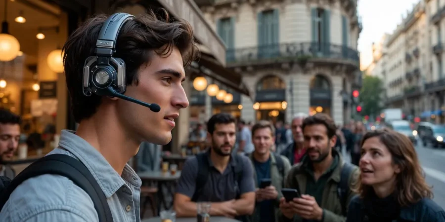 Young travelers in Buenos Aires using AI translation earbuds while talking to international tourists