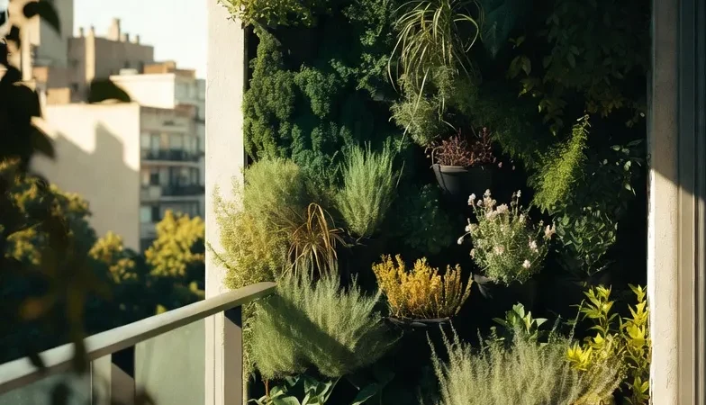 Modern vertical garden with plants and herbs inside an apartment balcony in Buenos Aires, Argentina.