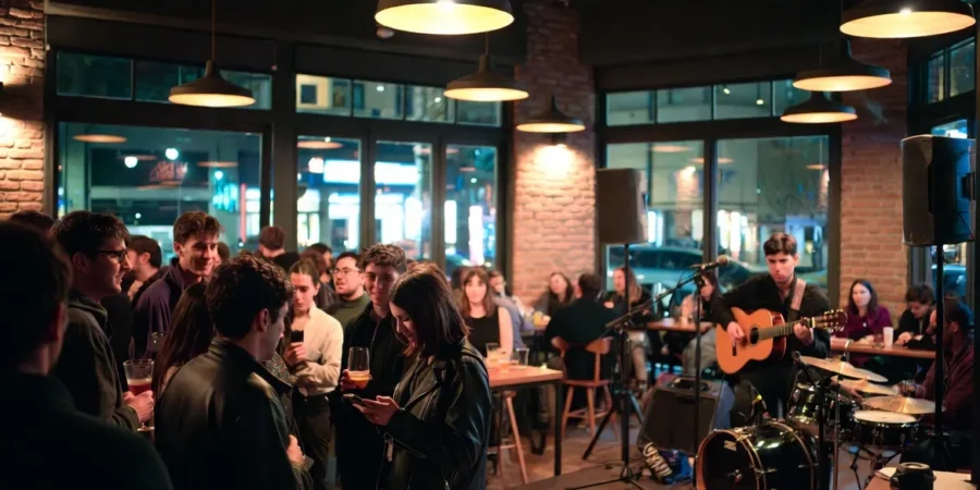 Crowded live music café in Buenos Aires with musicians performing for a young audience at night