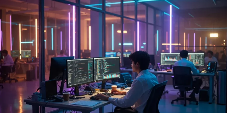 Modern AI startup office in Buenos Aires with developers working on advanced technology