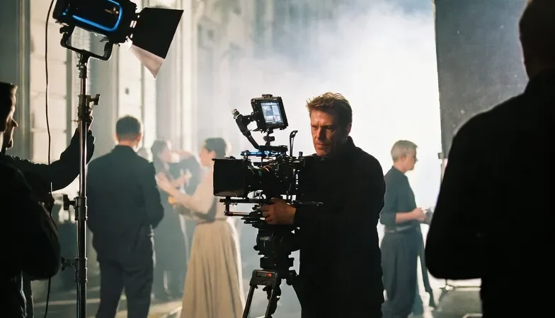 Argentine film production scene being filmed on a city street in Buenos Aires at night.