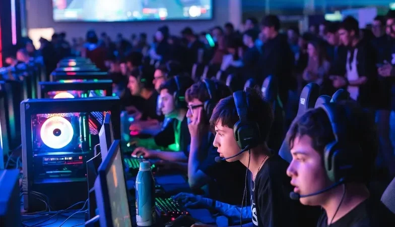Professional gamers competing during an esports event in Buenos Aires, Argentina.