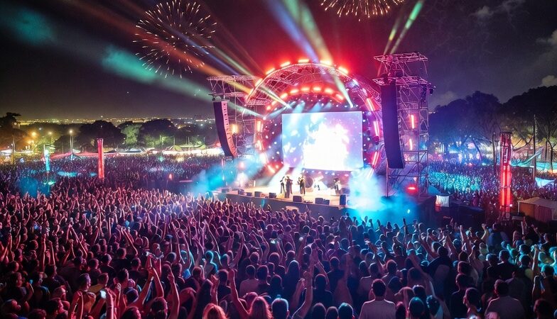 Large outdoor music festival crowd enjoying a live concert in Buenos Aires, Argentina.