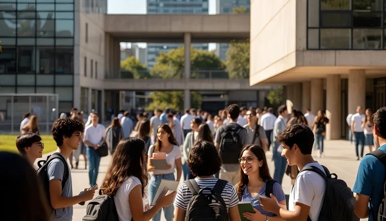 International exchange students socializing outside a university campus in Argentina.