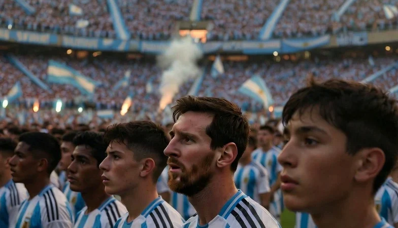 Young Argentina football stars standing with Lionel Messi inside a packed stadium ahead of the 2026 World Cup era.