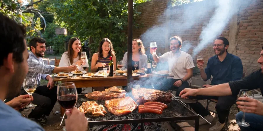 International students enjoying a traditional Argentine asado with locals in Buenos Aires.