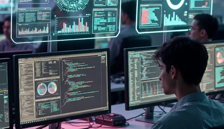 Technology professionals using artificial intelligence systems inside a modern office in Argentina.