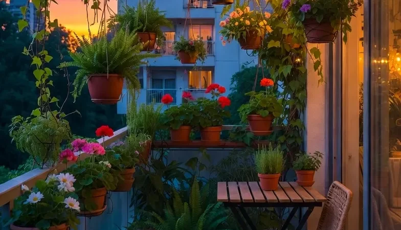 Beautiful apartment balcony garden with plants and flowers in Buenos Aires, Argentina.