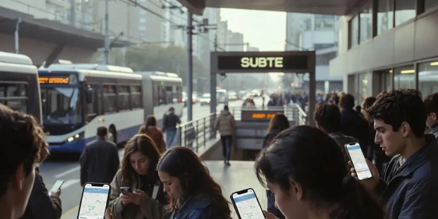 Young commuters in Buenos Aires using smart transportation apps while boarding modern public transit