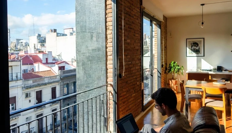 Digital nomad working remotely inside a modern apartment in Buenos Aires, Argentina.