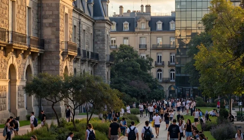 International students walking through a university campus in Buenos Aires, Argentina during a sunny afternoon.