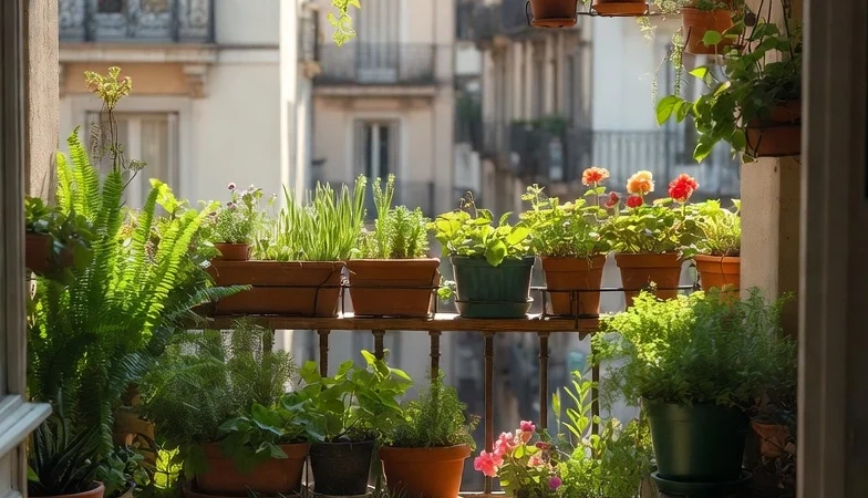 Urban balcony garden with plants and herbs inside an apartment in Buenos Aires, Argentina.