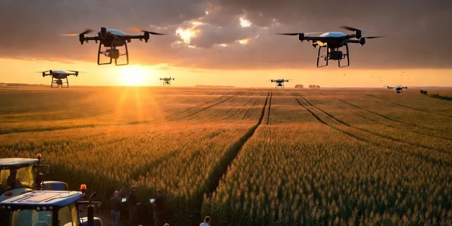 Advanced agricultural drones flying above large soybean fields in Argentina during sunset