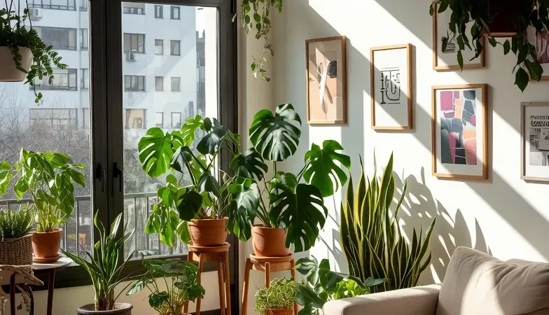Modern apartment interior in Argentina decorated with indoor plants and natural sunlight.