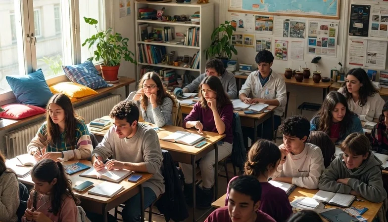International students learning Spanish inside a modern classroom in Buenos Aires, Argentina.