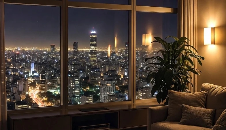 Luxury penthouse apartment overlooking the Buenos Aires skyline at night.