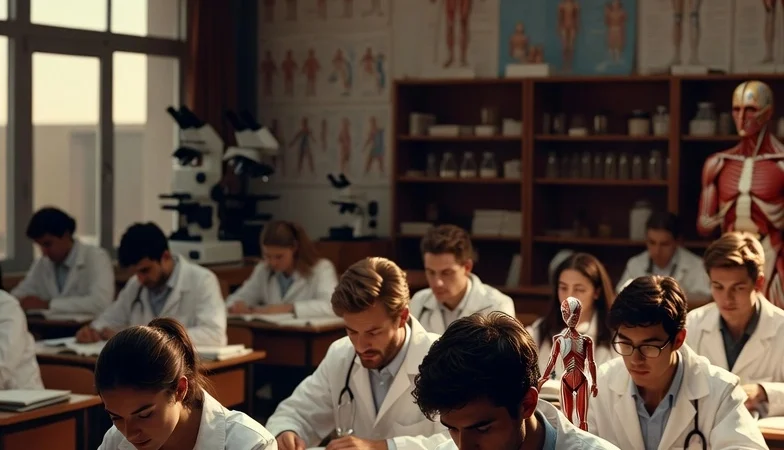 International medical students studying together inside a university training facility in Argentina.
