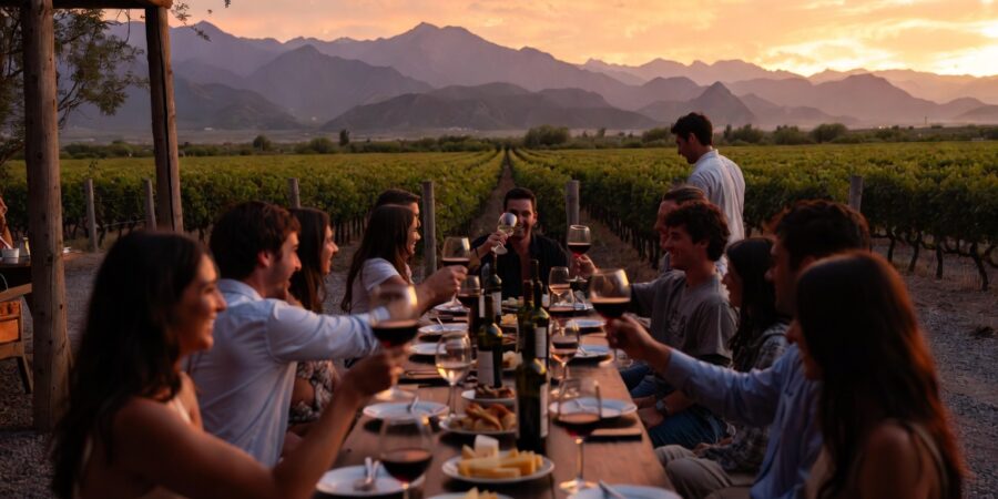 International students enjoying wine tasting in a Mendoza vineyard with Andes mountains view.