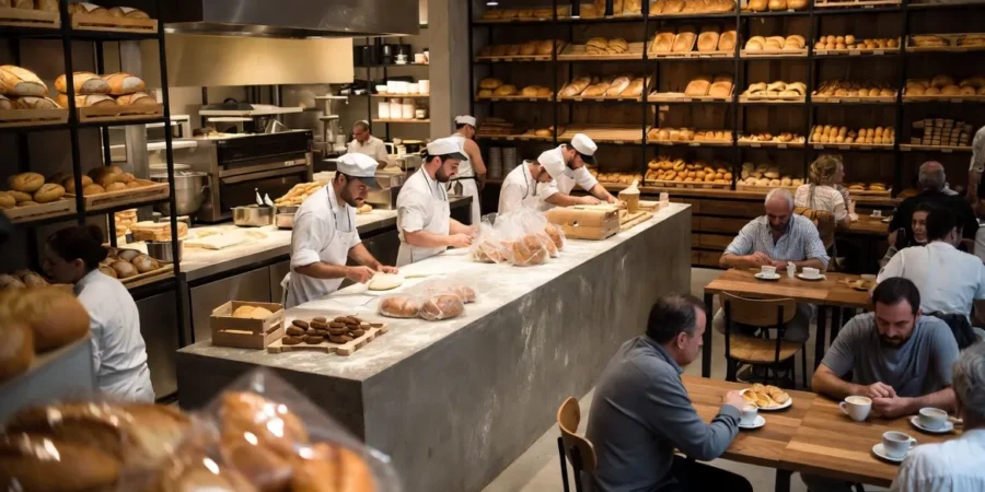 Modern artisan bakery in Buenos Aires displaying fresh handmade bread and pastries