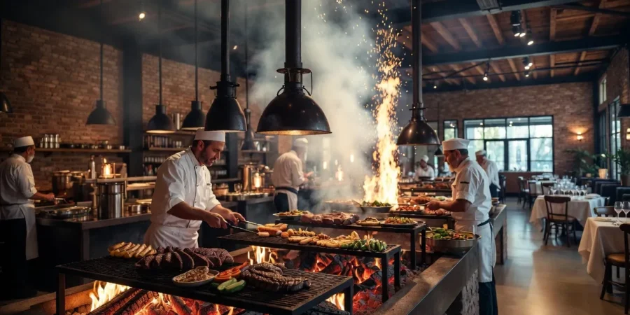 Chef preparing gourmet fire-cooked dishes over open flames in modern Argentine restaurant