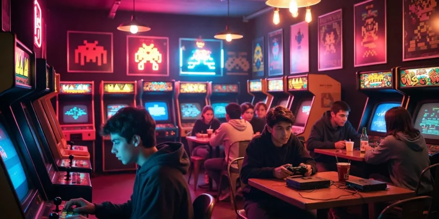 Young people playing classic arcade games inside trendy retro gaming café in Buenos Aires