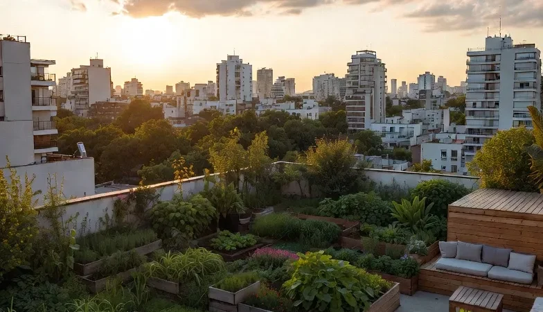 Modern rooftop garden with vegetables and plants above city buildings in Buenos Aires, Argentina.