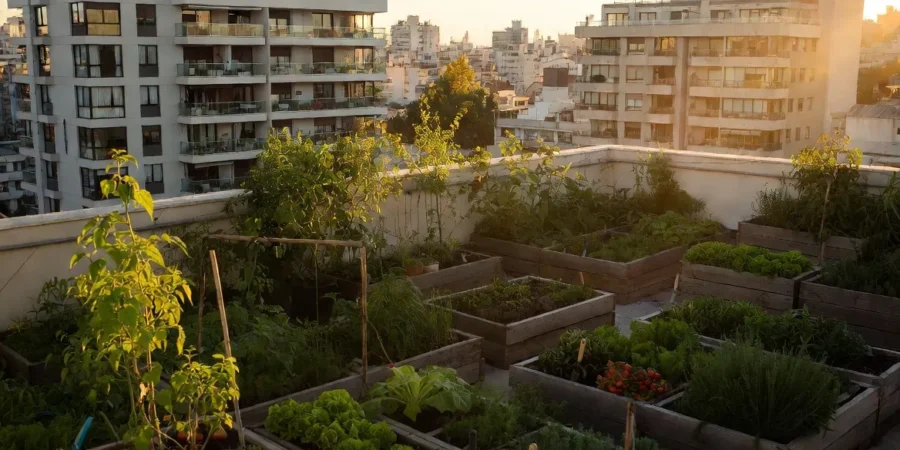 Urban rooftop vegetable garden in Buenos Aires with fresh vegetables growing in raised beds